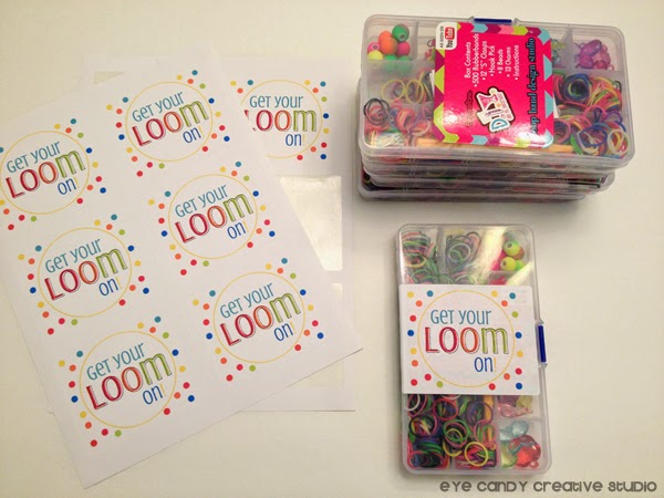 party favor labels, get your loom on, rainbow loom mini kits, birthday party