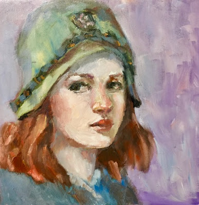 Ginny's Hat - original oil portrait painting Red haired young woman wearing green cloche against purple background