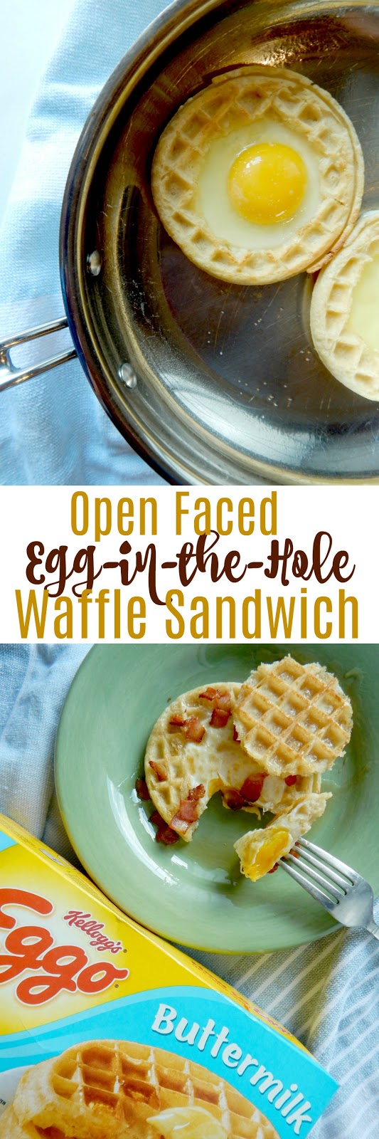 Open Faced Egg-in-the-Hole Waffle Sandwich...back-to-school season is upon us and our kids need to start their day {and year} off right!  Eggo has partnered with Scholastic to help fuel kids' mind and body for the school year ahead.  This creative breakfast of a toasted waffle, fried egg, crispy bacon and maple syrup is top notch!  @eggorecipes #ad #LoveMyEggo #ReadingWithEggo (sweetandsavoryfood.com)