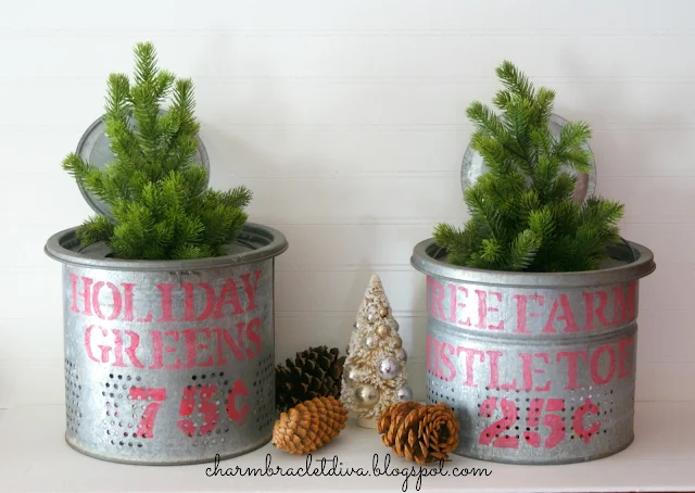DIY Holiday Greens and Mistletoe Galvanized Stenciled Buckets