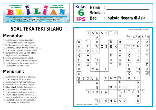   Soal Teka-Teki Silang ( TTS ) IPS Kelas 6 SD Sub Bab Ibokota Negara Di Asia 