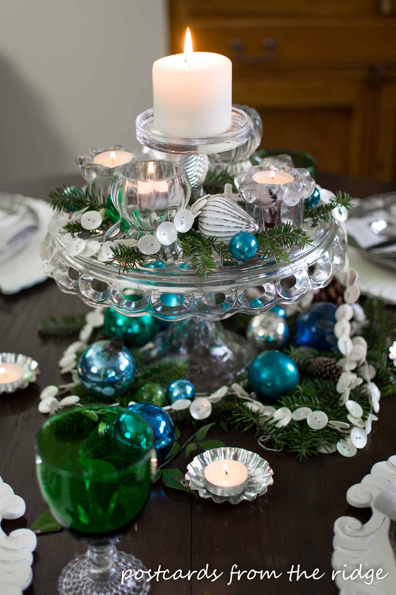 Holiday Tablescape Ideas using mostly vintage items. Love the cake stand as a centerpiece.