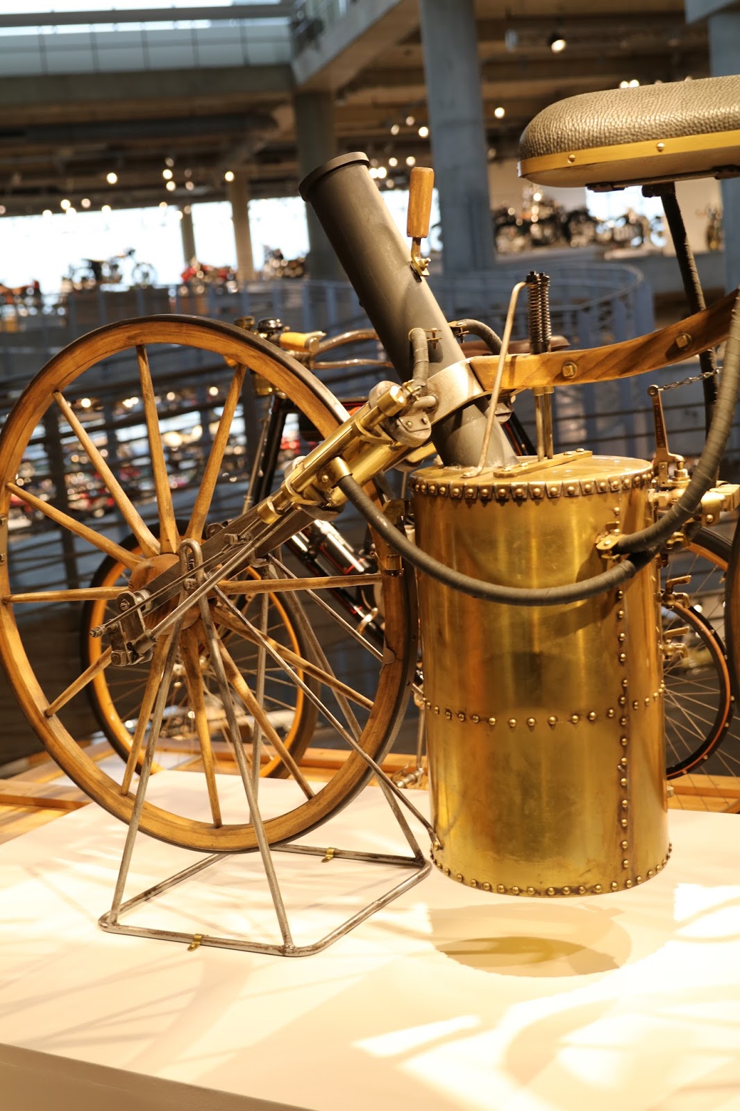 OldMotoDude 1867 Roper Steam Velocipede replica on display at the