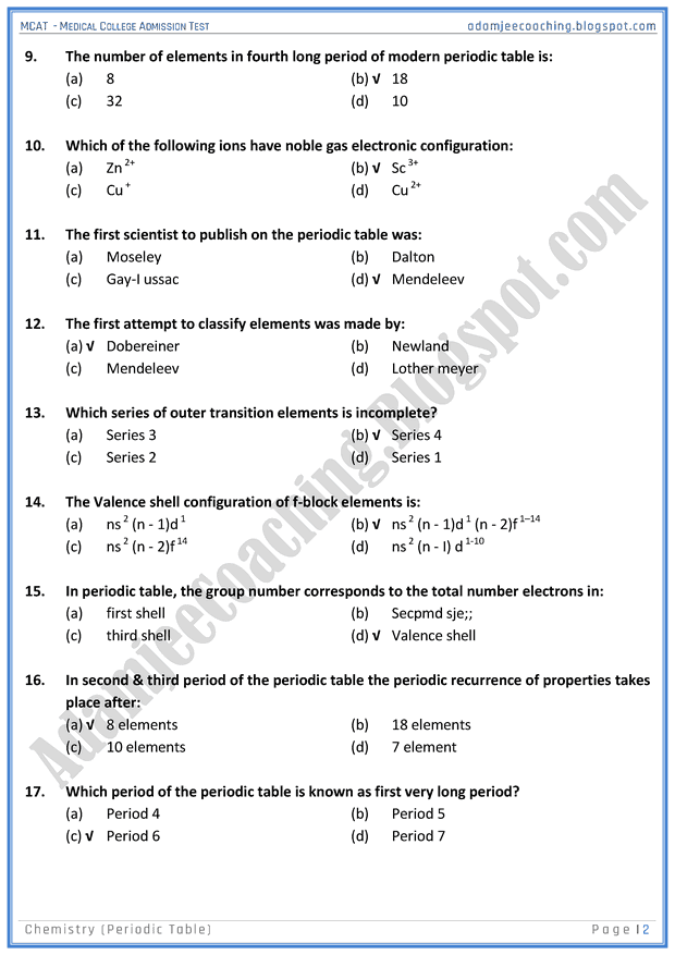 Adamjee Coaching MCAT Chemistry [Periodic Table] Mcqs for Medical
