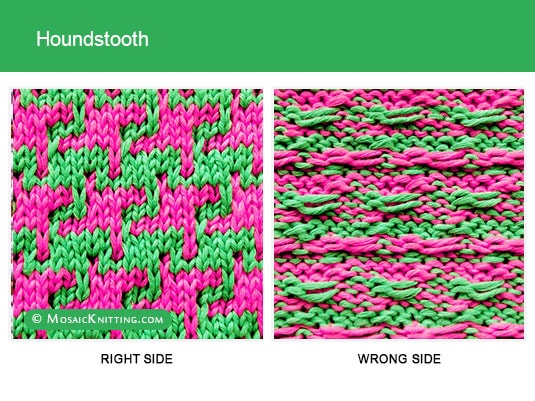 Mosaic Knitting - 2 Color Slip Stitch Pattern. Right side vs wrong side of the Houndstooth stitch