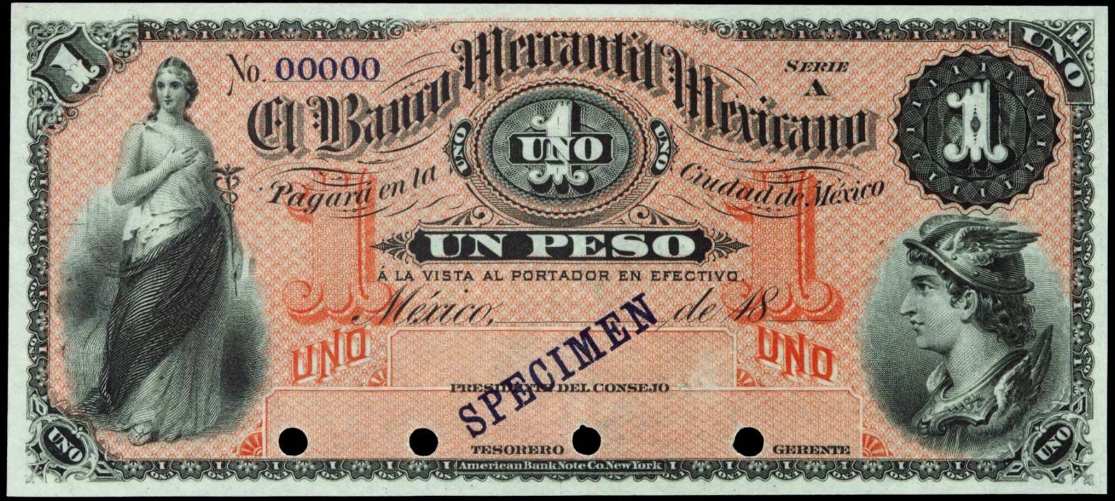 Mexico 1 Peso banknote 1882 Banco Mercantil MexicanoWorld Banknotes & Coins Pictures Old