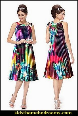Round Neck Floral Purple Printed Ruffles Cocktail Dress