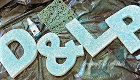 D, & L, P, White Denim, Sprayed with Turquoise Ink through Stencil mask.