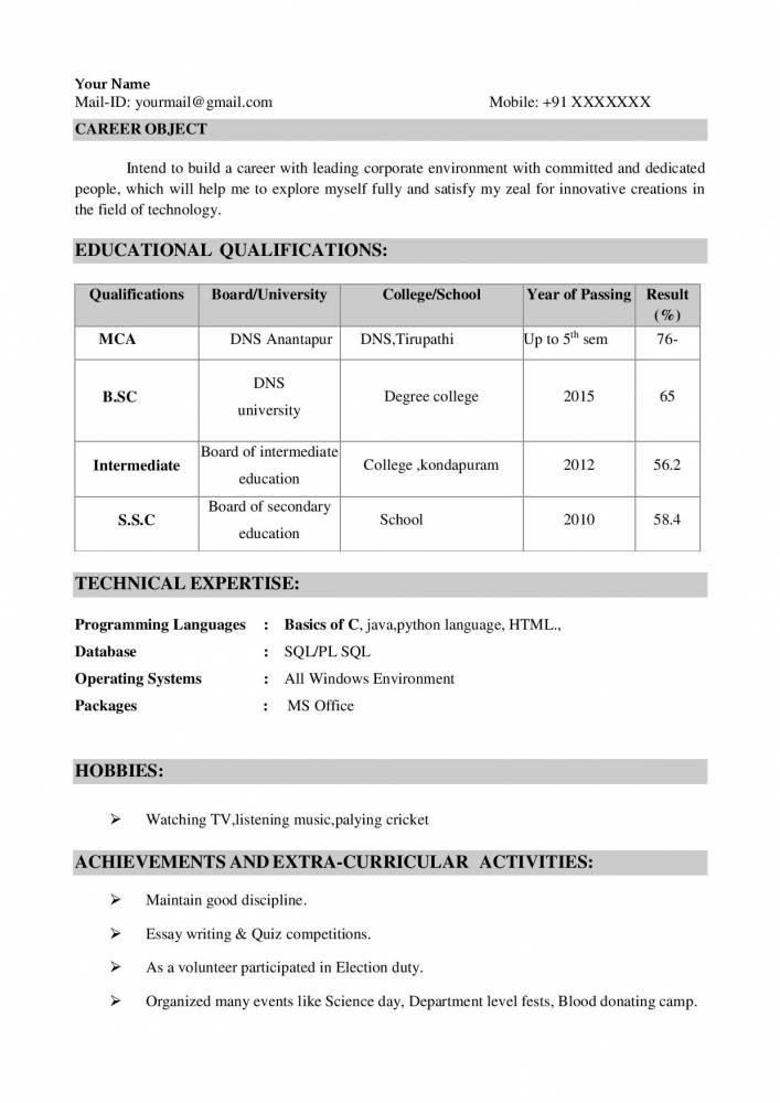 resume format for freshers student