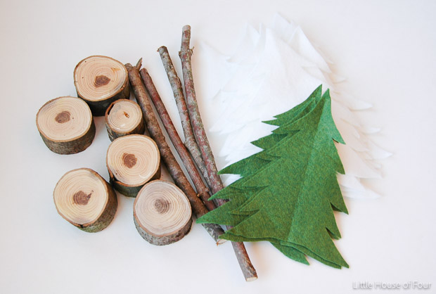 Supplies for DIY rustic felt trees (wood and felt)