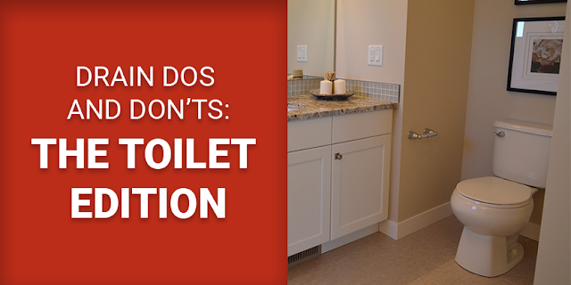 Graphic of words next to a photo of a bathroom showing a toilet. Words say "Drain Dos and Don'ts: The Toilet Edition"