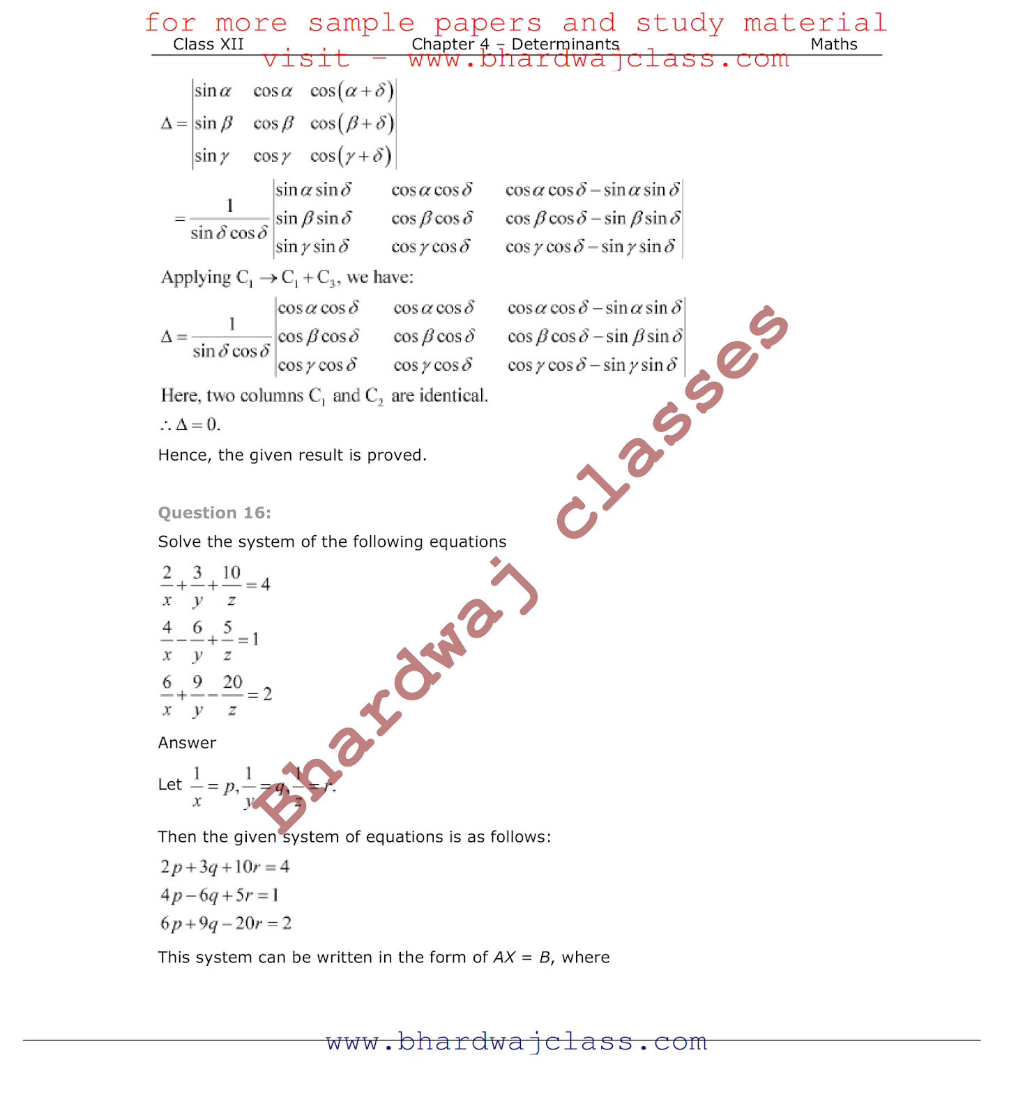 Class 12 Maths NCERT Solution Chapter 4 Class 12 Maths NCERT Solution Chapter 4
