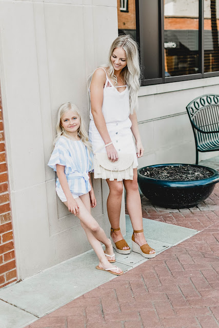 mom and me summer outfit idea little girl womens white on white straw bag kids style fashion lifestyle photography