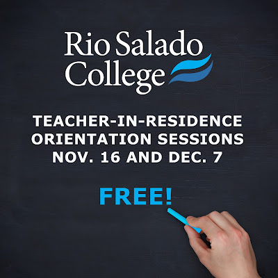 Image of a chalkboard and hand with chalk. Rio Salado logo.  Text: Teacher in Residence Orientation Sessions Nov. 16 and Dec. 7
