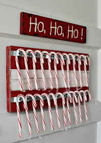 christmas ideas, DIY, candy cane holder, beadboard, paint, plumbers tape, christmas sign, http://bec4-beyondthepicketfence.blogspot.com/2015/11/12-days-of-christmas-day-7-candy-cane.html