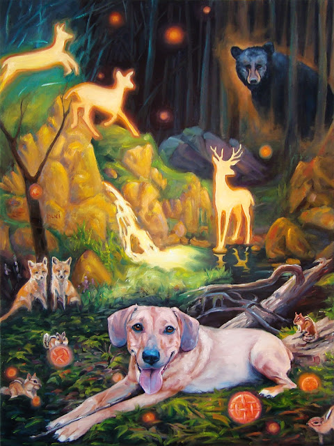 oil painting of spirited dog in fantasy woodlawn scene