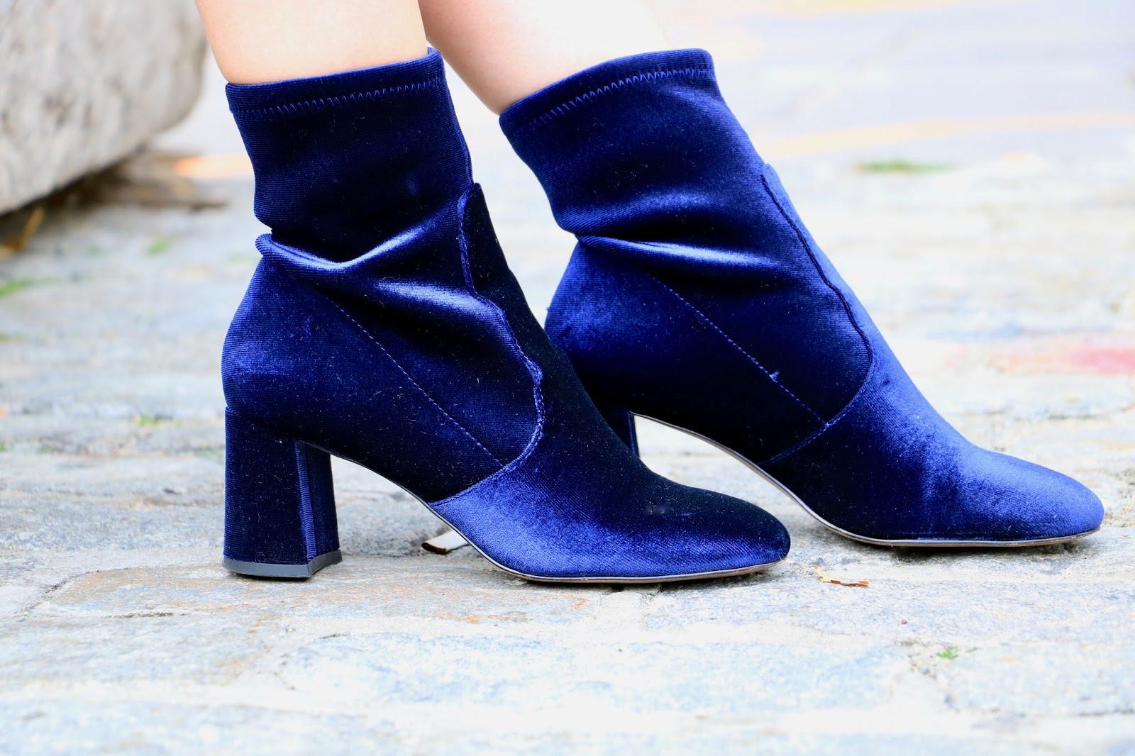 Nyc fashion blogger Kathleen Harper wearing blue velvet sock booties