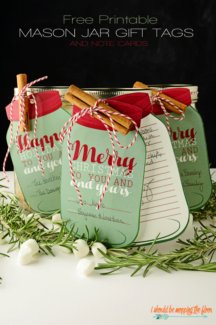 Free Printable Mason Jar Gift tags are perfect for every kind of package under your tree! | Includes two sizes and both "Merry Christmas" and "Happy Holidays", as well as a lined note card. | Instant Downloads