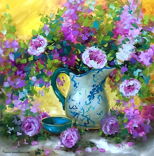 http://www.nancymedina.com/available-paintings/one-more-day-pink-peony-bouquet