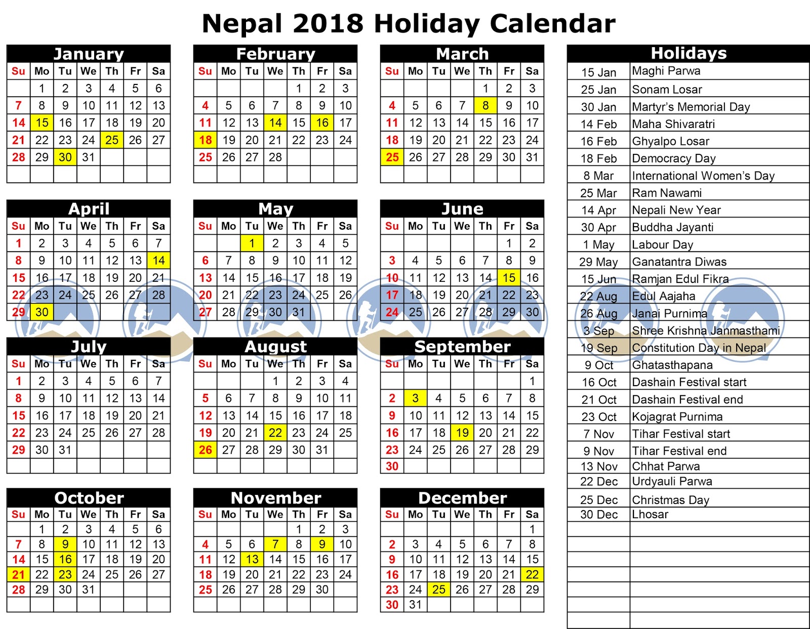 List of Public Holidays in Nepal 2075/2018-2019