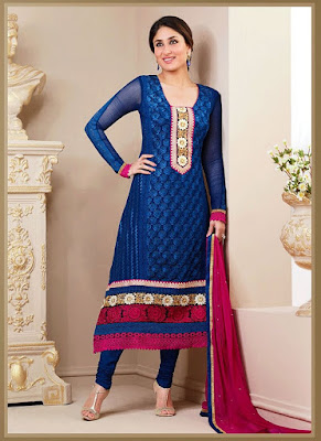 Bollywood Diva And Indian Model Kareena Kapoor In Blue Pure Georgette Churidar Suit.