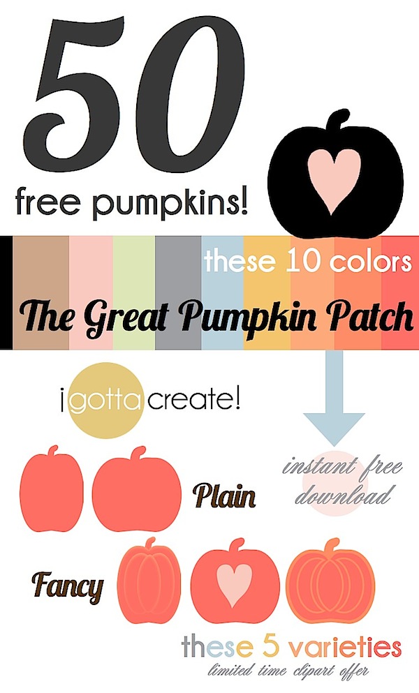 Sweet! 50 free pumpkin clipart files in 10 colors and 5 varieties | limited time offer at I Gotta Create!