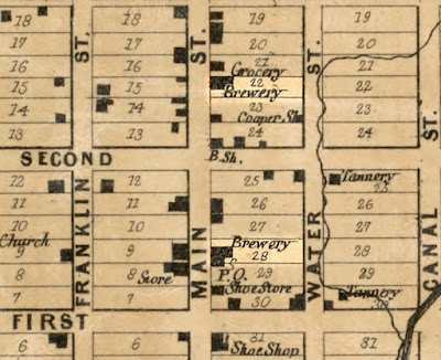 Detail of 1860s Auglaize County map showing two breweries in New Bremen, Ohio.