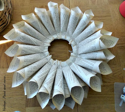 Vintage, Paint and more...Second row of cones for a book page wreath completed