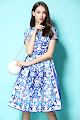 New 2016 Short Sleeve Blue White Abstract Print Flare Dress