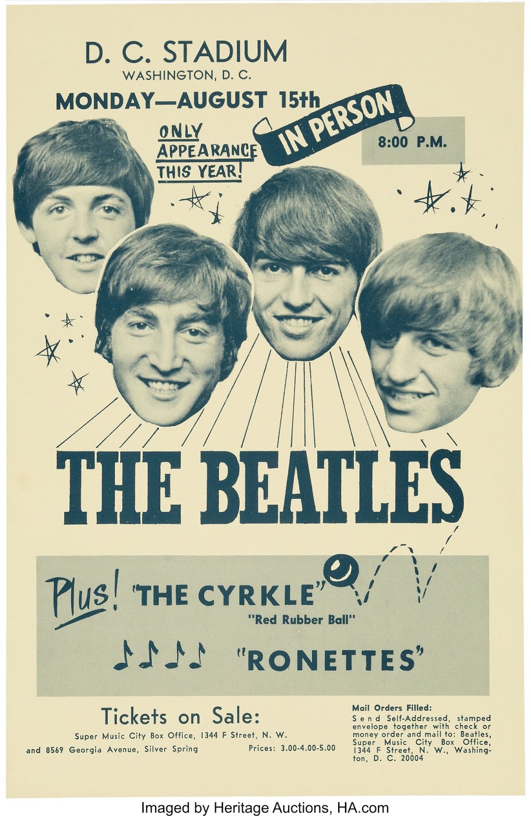 Vintage Beatles concert poster, D.C. Stadium, 1966