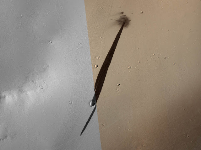 Cratera de impacto em Marte e uma longa avalanche - registro feito pela sonda MRO