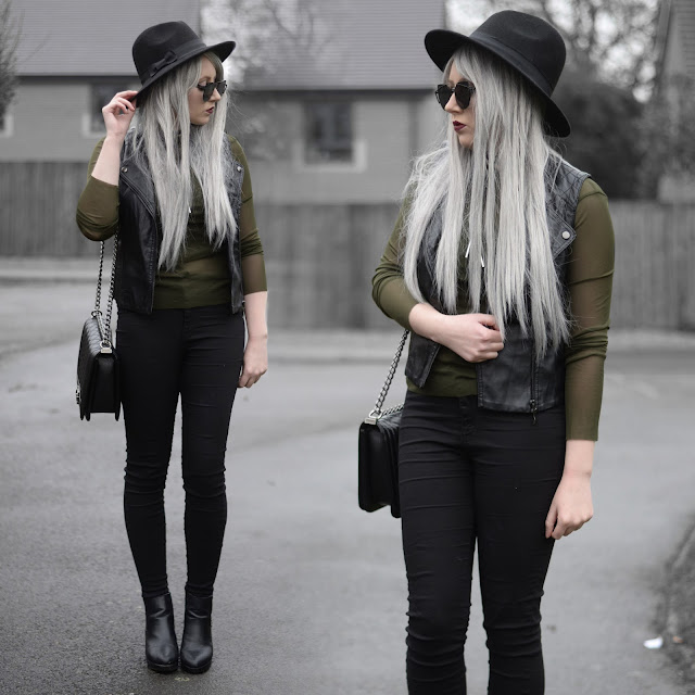 Sammi Jackson - Primark Fedora, Zaful Sunglasses, Aliexpress Faux Suede Choker, Choies Green Mesh Top, Primark Faux Leather Vest. Topshop Joni Jeans, OASAP Quilted Bag, Topshop Alexy Boots