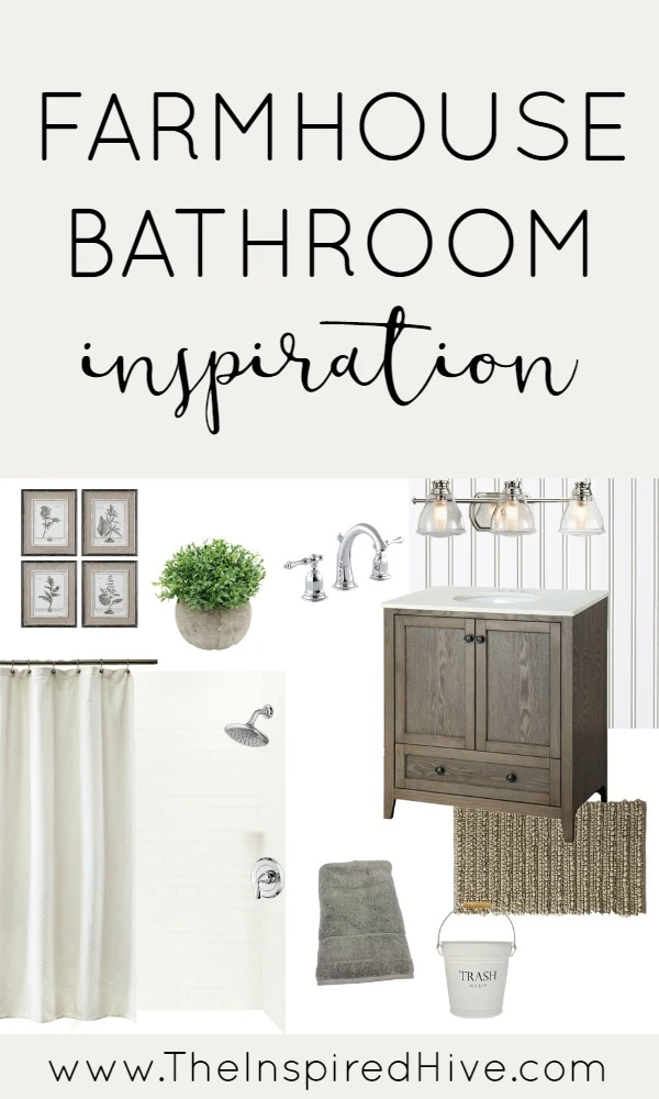 Inspiration mood board for a simple farmhouse style bathroom makeover. Tons of ideas and inspiration for a bathroom renovation in the One Room Challenge.