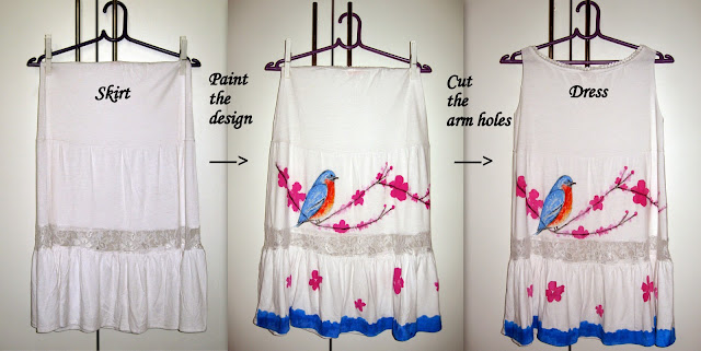 DIY, DIY from skirt to a dress, recycle old skirt into dress, bird and flower cherry blossom print on skirt dress, scenic print on skirt dress