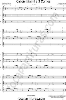  Trompa y Corno Francés Partitura de Canon Infantil a tres voces en Mi bemol Sheet Music for French Horn Music Scores