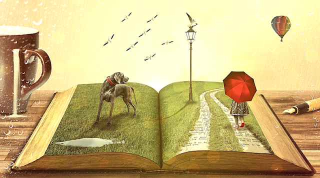 Você é Feito de Sonhos e Lutas Você é Feito de Sonhos e Lutas - A imagem exibe um livro aberto, balão, cão, garota segurando guarda-chuva