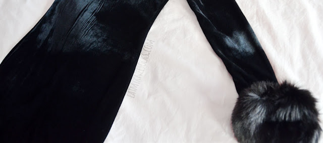 Romwe Fashion Review: Autumn Coats, LBDs + More! Black off-shoulder velvet bodycon dress with detached faux fur cuffs by Romwe