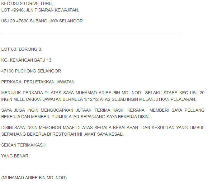 Sample Of Surat Berhenti Kerja Resignation Letter Pendidikan Malaysia ...