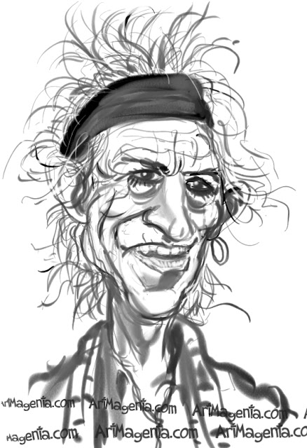 Keith Richards caricature cartoon. Portrait drawing by caricaturist Artmagenta