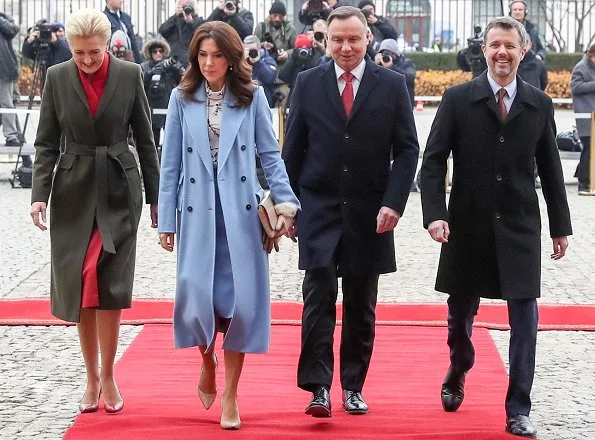 Crown Princess Mary wore Strenesse wool virgin coat in Loro Piana and print blouse. Andrzej Duda and Agata Kornhauser-Duda
