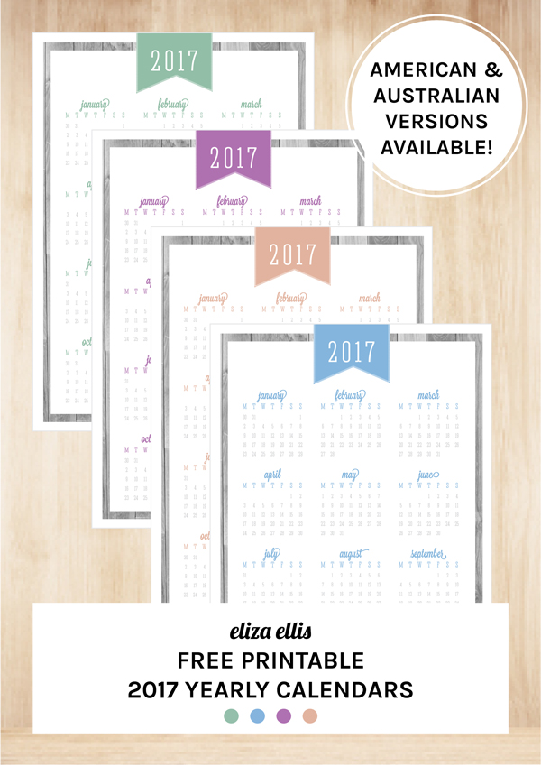 Free Printable 2017 Planner Covers, Annual Calendars, Monthly Calendars, Weekly Diaries and Daily Diaries // by Eliza Ellis. Available in Peach, Orchid, Hemlock Green and Placid Blue and in Monday and Sunday week start versions.