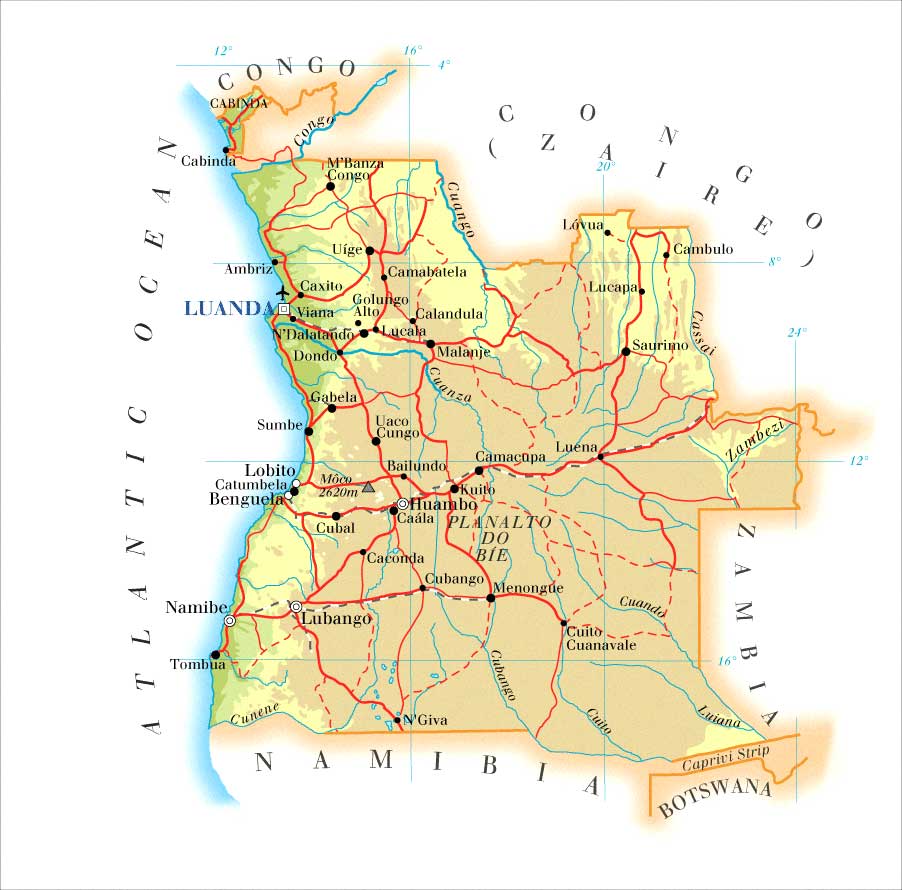 ANGOLA MAPAS GEOGR FICOS DE ANGOLA Detailed Road And Physical Map Of Angola