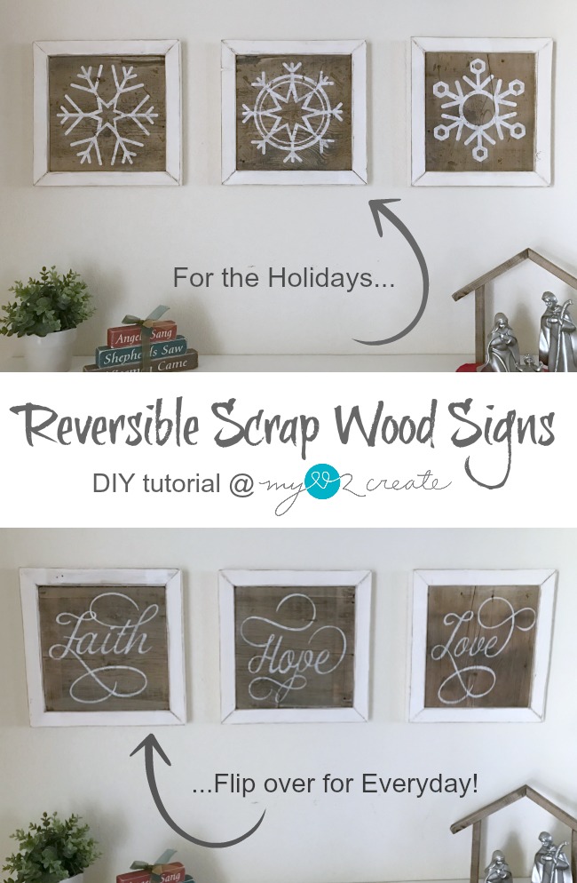 Make your own Decorative Scrap wood Signs, they are super easy and reversible!  Free plans and tutorial at MyLove2Create.  Plus 13 Days of Woodworkers Christmas, unlock a different project every day! #13daysofwoodworking