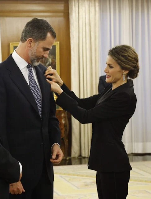 King Felipe of Spain and Queen Letizia of Spain receive an audience a representation of the attendees the 'I International Symposium 