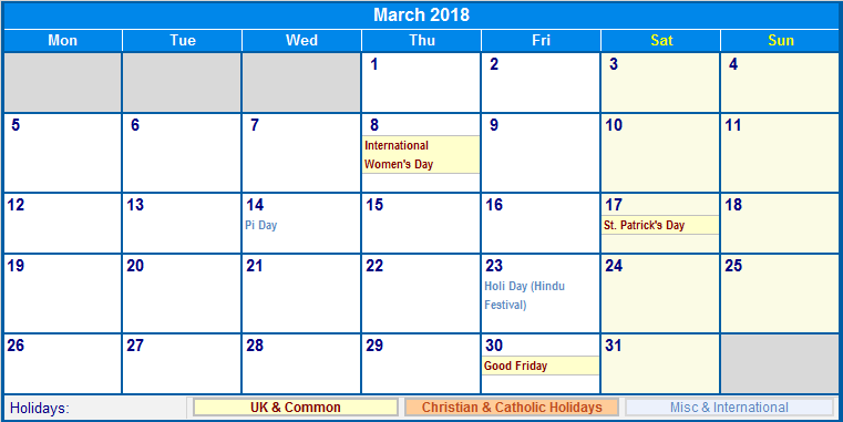 calendar 2018 with holidays printable