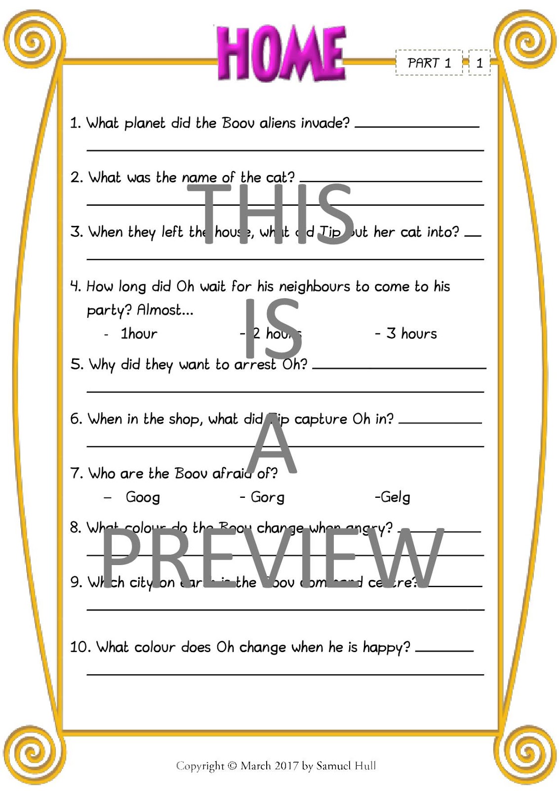 Home (2015) Movie Comprehension Questions Answer Key Included