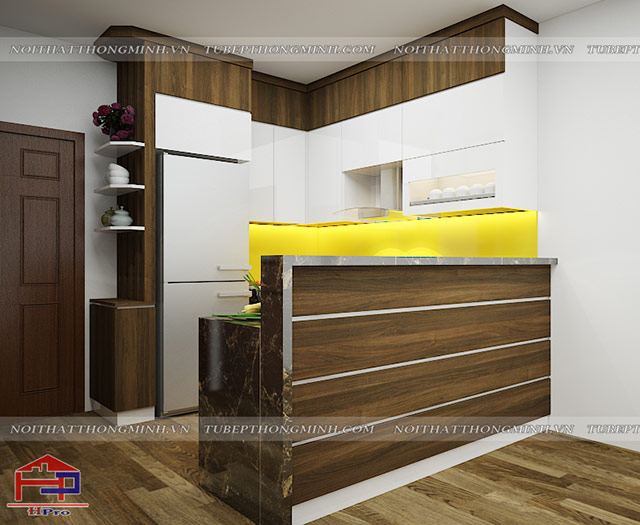 Mẫu tủ bếp gỗ laminate hình chữ U này rất phù hợp với các không gian nhà bếp chung cư. Bởi thiết kế kèm quầy bar và tủ giày vừa tiết kiệm diện tích vừa tăng tính thẩm mỹ cho không gian. Ngoài ra, tủ còn được thiết kế kịch trần để gia tăng không gian lưu trữ trong nhà bếp thiet-ke-noi-that-phong-bep-chung-cu-12