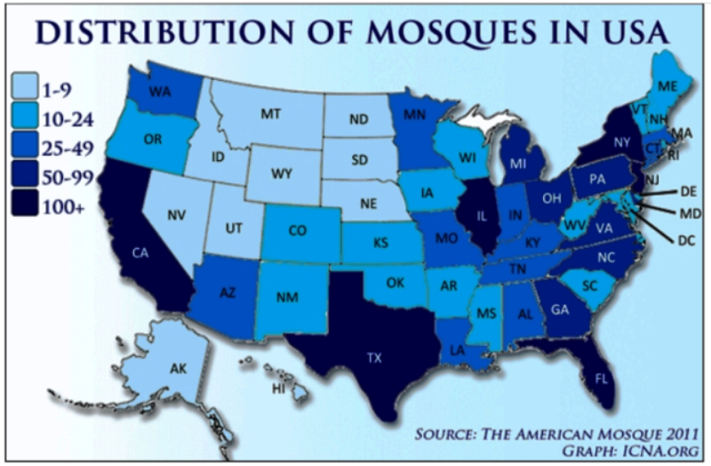 Distribution of mosques in USA -2011‏