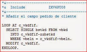 Código ABAP incluido sobre la exit ZXV6PU08