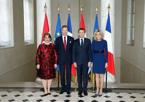 Grand Duke Henri, Grand Duchess Maria Teresa, French President Emmanuel Macron and Brigitte Macron Valentino Print Coat